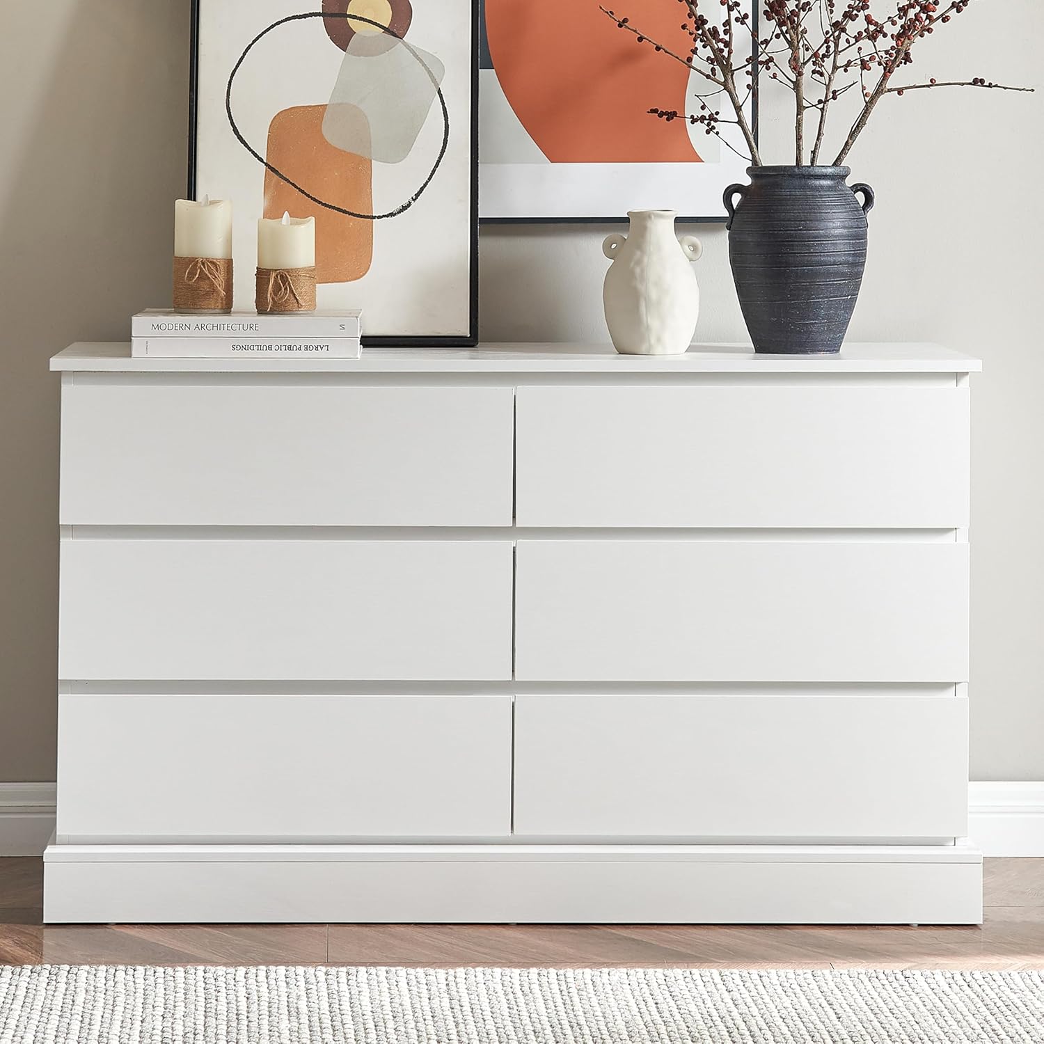 White Dresser with 6 Drawers, Modern Dresser, Nursery Dresser Organizer, Deep Chest of Drawers, Wood Dressers Storage for Bedroom, Living Room
