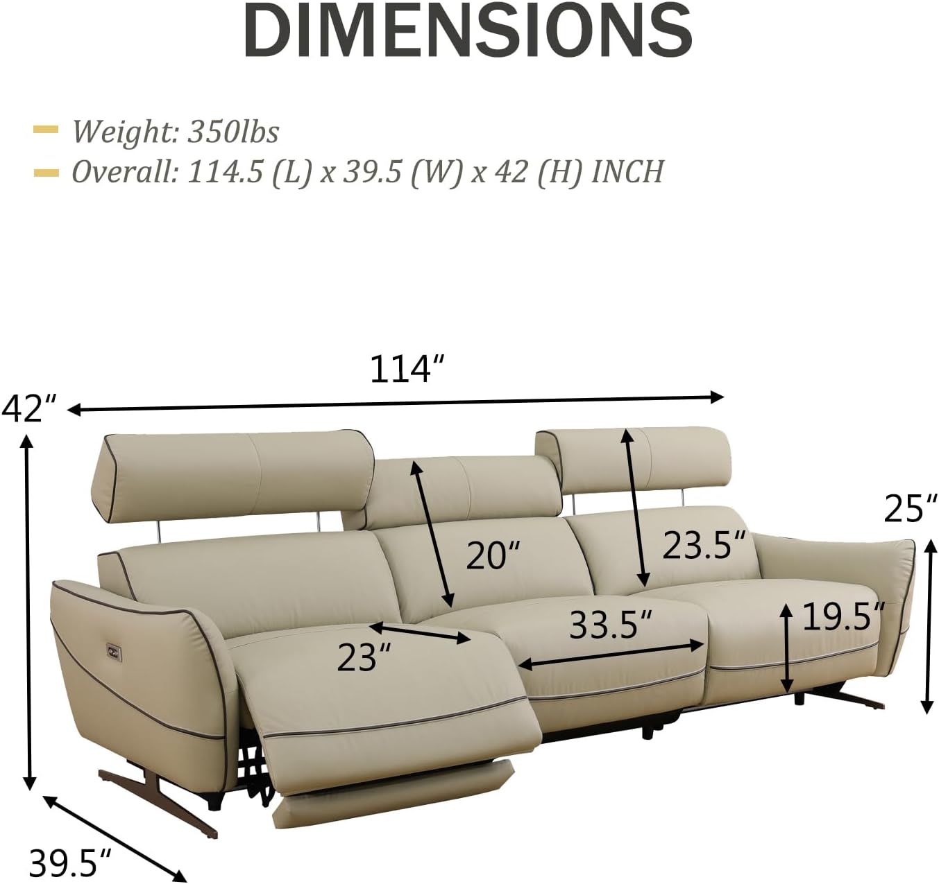 Power Reclining Sofa, Top Grain Leather Recliner Couch, 114.5" Wide Leather Sofa with USB Port for Living Room (Beige)