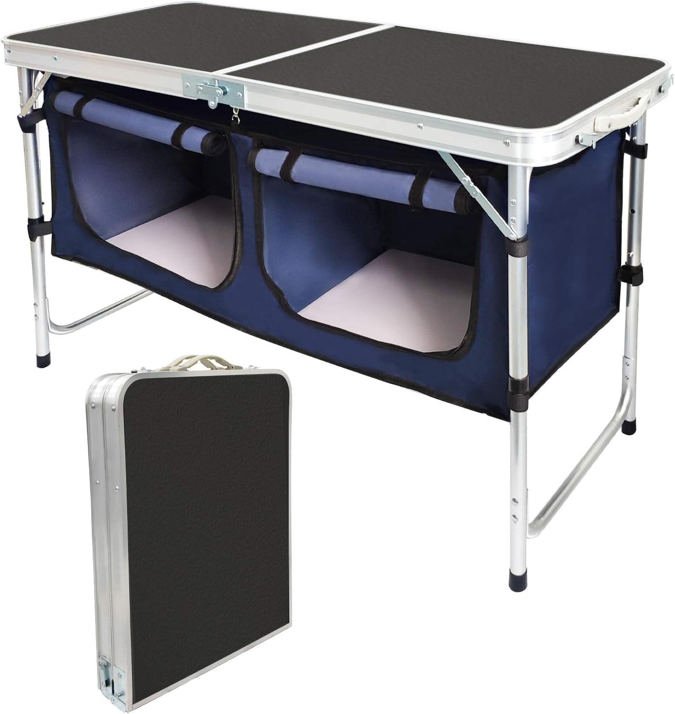 Seatopia Outdoor Folding Camp Table with Storage Organizer, Aluminum Lightweight Height Adjustable Picnic Table, Portable Foldable Table for Camping