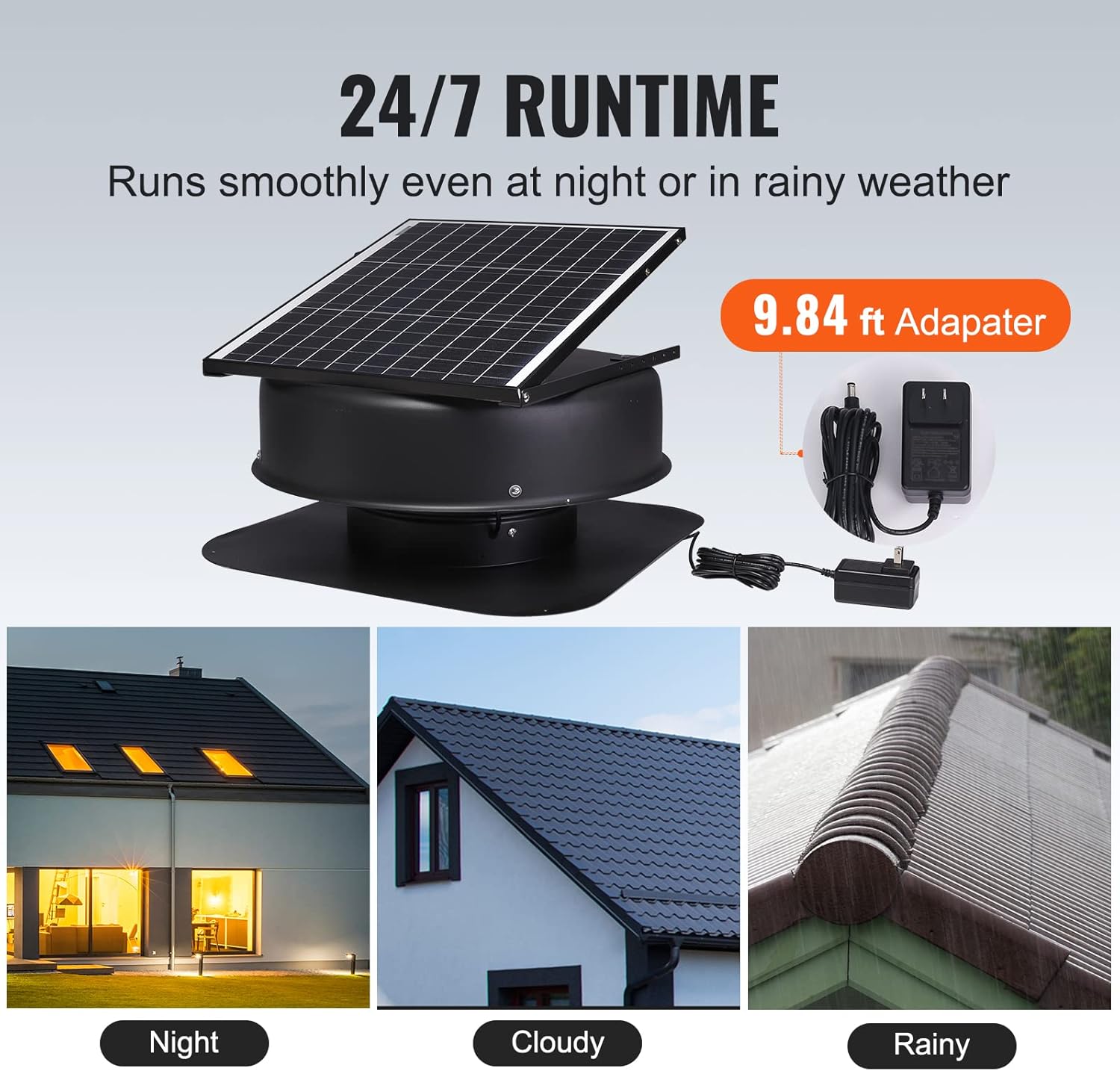 VEVOR Solar Attic Fan, 40 W, 1230 CFM Large Air Flow Solar Roof Vent Fan, Low Noise and Weatherproof with 110V Smart Adapter, Ideal for Home