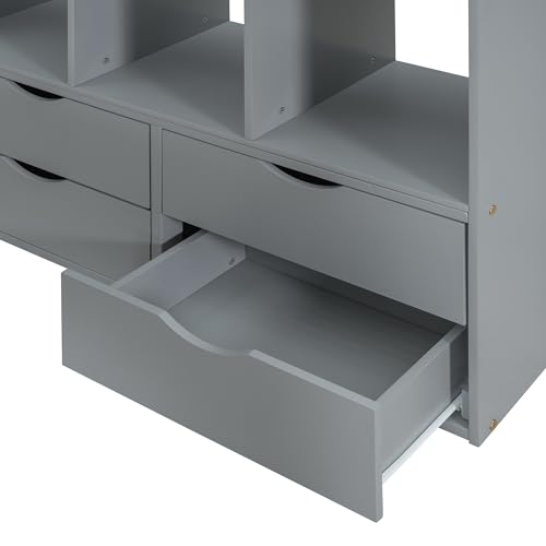 Full Size Loft Bed with Desk & Wardrobe, Solid Wood Kids Loft Bedframe w/3 Storage Drawers & 2 Shelves, Maximum Space Design, for Bedroom, Dorm, Gray