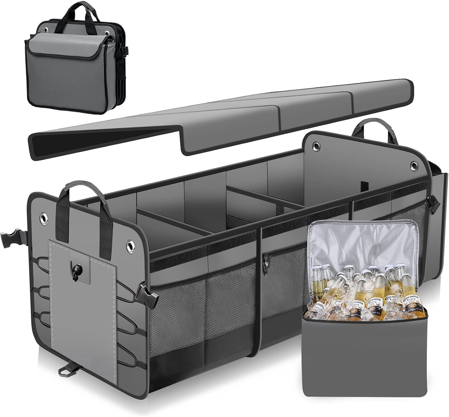 Large Trunk Organizer with Removable Cooler Bag-Collapsible Durable Multi Compartments w/ Foldable Cover