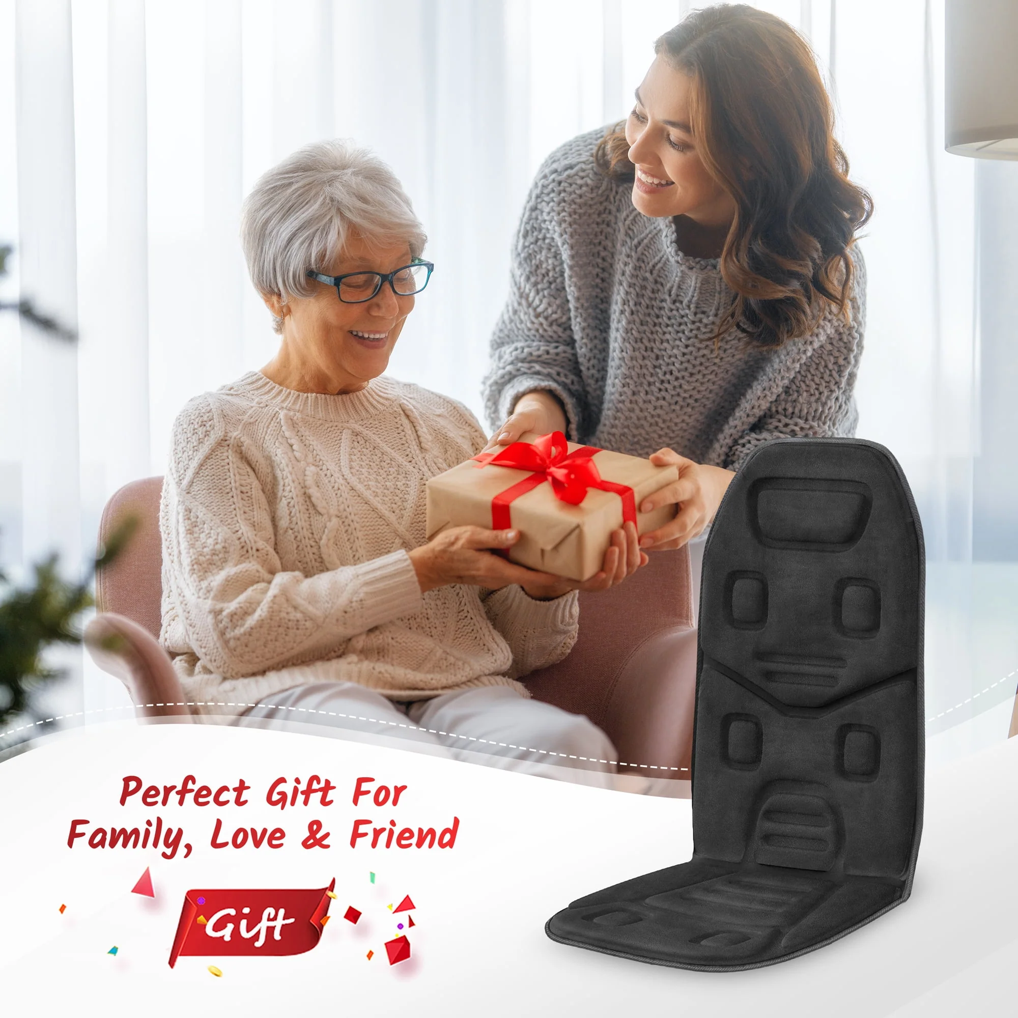 COMFIER Motors Massage Seat Cushion with 3 Level Heating Pad, Back Massager, Black, Gift for Men Women, Home/Car Use
