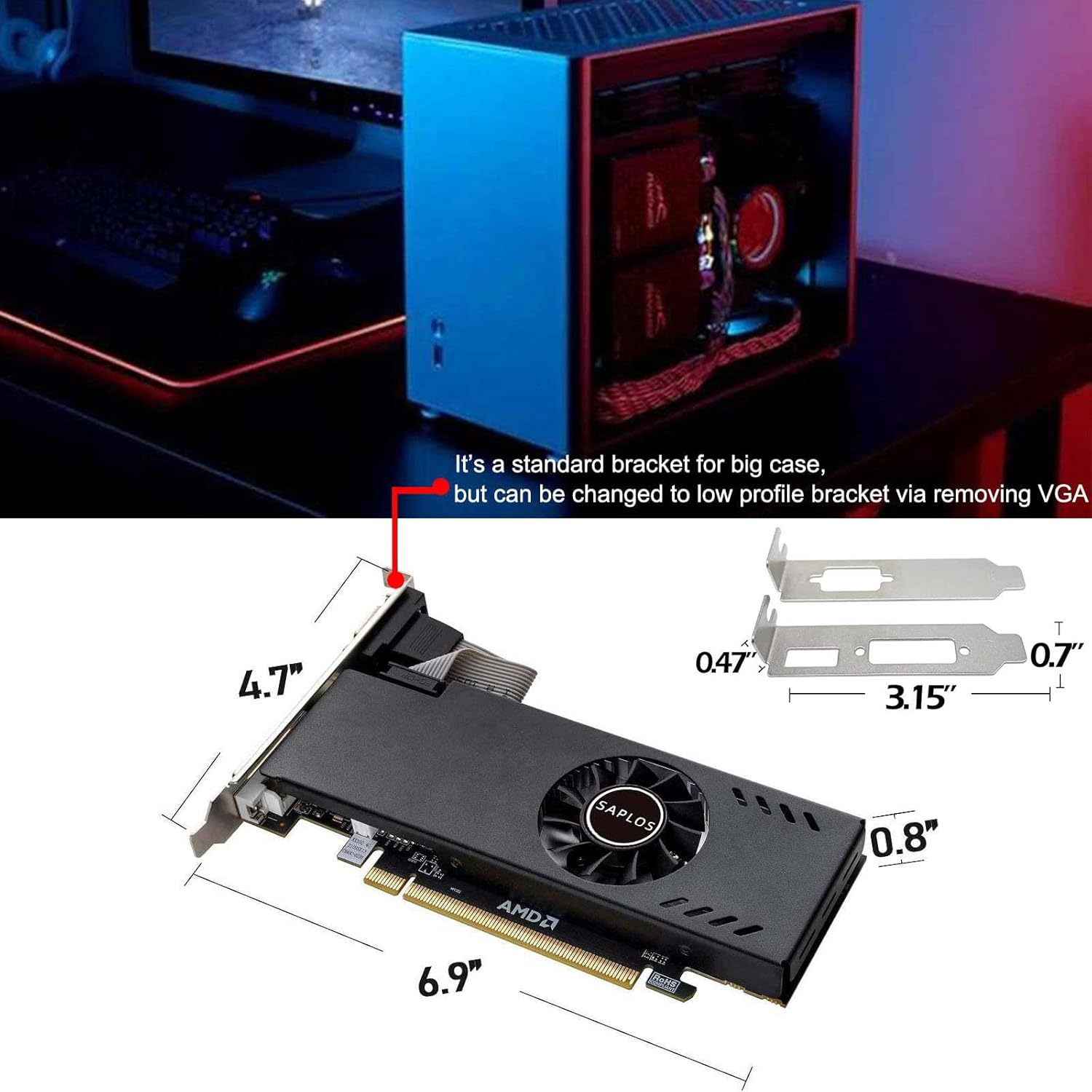 SAPLOS Radeon RX 550 Low Profile Graphics Card, 4GB, GDDR5, 128-bit, VGA/DVI-D/HDMI, Video Card for PC Gaming, 4k@60Hz Output, Computer GPU