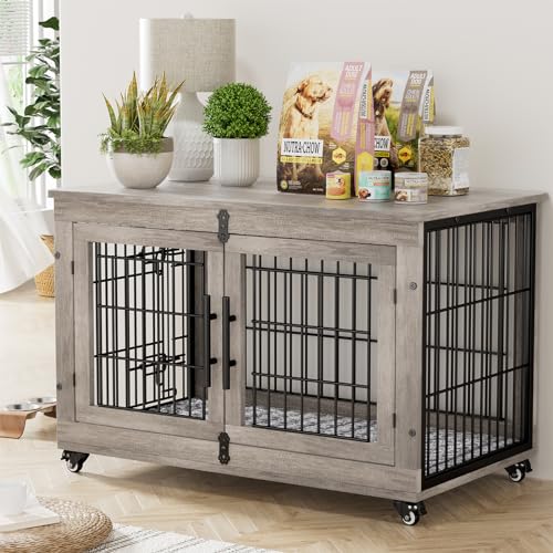Lulive Dog Crate Furniture for Medium Dogs, 32'' Dog Kennel Indoor with Cushion & Wheels Wooden Dog Cage Double Doors Dog Crate End Table, Grey