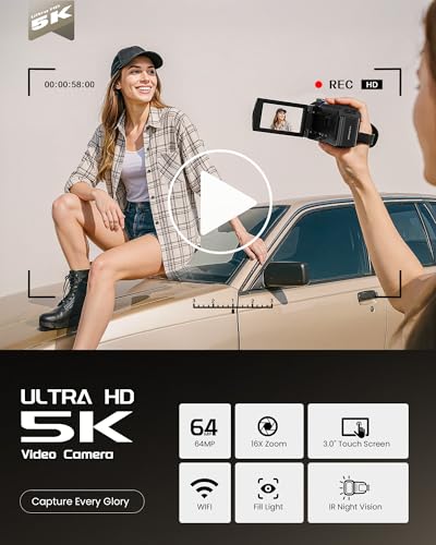 5K Video Camera Camcorder, UHD 64MP Vlogging Camera for YouTube with 3" 270&deg; Rotatable Touch Screen, Digital Camera with IR Night Vision