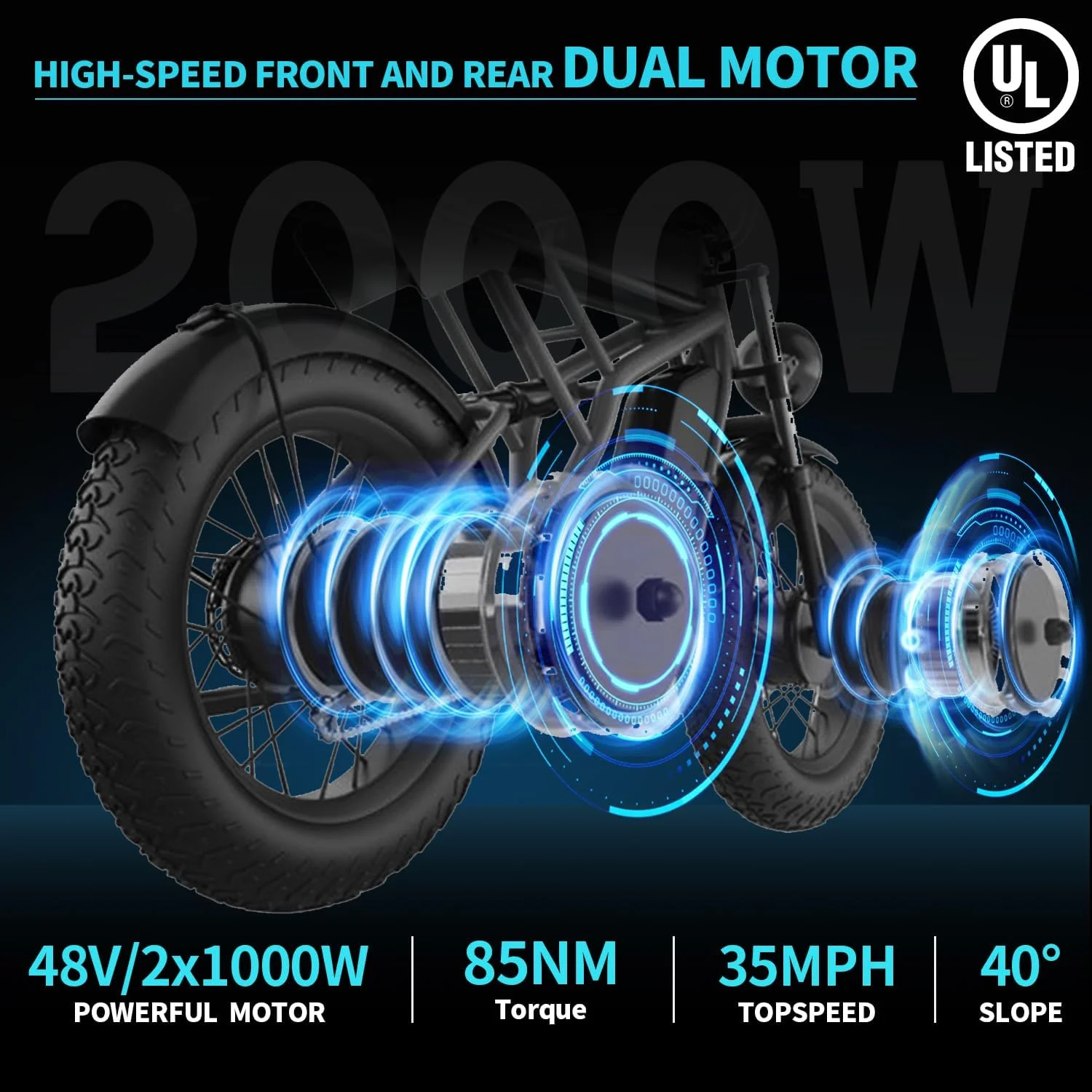 Freego Electric Bike for Adults, Dual Motor & Dual Battery, 2000W/48V/40Ah/55Ah, 20"x4.0" Fat Tires Off Road Electric Bicycle with Removable Battery