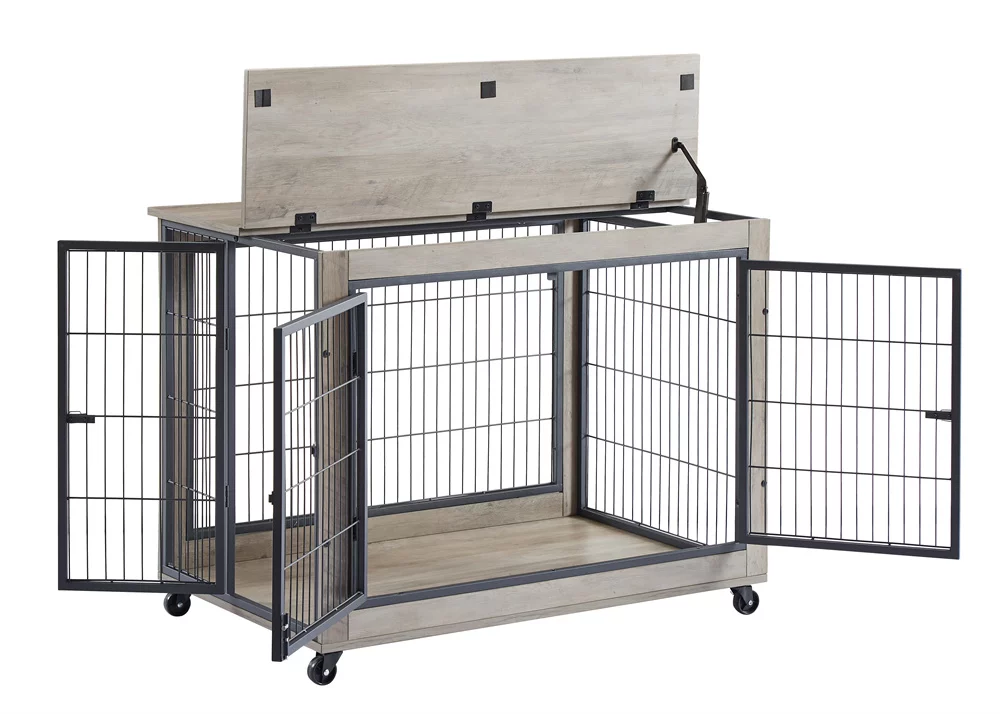 Lausatek Double Doors Wire Wood Dog Kennel Indoor with Divider Panel,Wooden Dog Crate Furniture,Dog Crate End Table with Tray