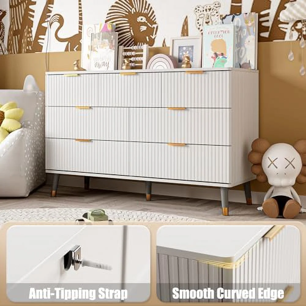 7 Drawer Dresser for Bedroom  Fluted White and Gold Dresser with Curved Profile Design   Dresser Wood  Dressers &amp