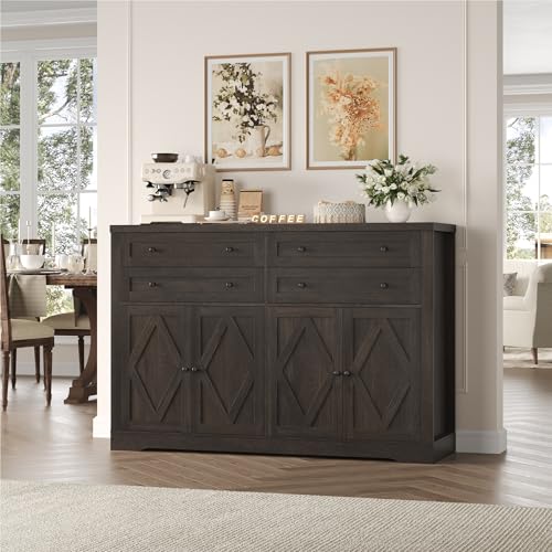 HOSTACK 55" Coffee Bar with 4 Large Drawers, 40" Tall Buffet Cabinet with Storage, Kitchen Storage Cabinet, Modern Farmhouse Sideboard Buffet