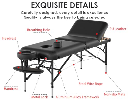 CLORIS 84" Professional Massage Table Portable 2 Folding Lightweight Facial Solon Spa Tattoo Bed Height Adjustable with Carrying Bag & Aluminium Leg