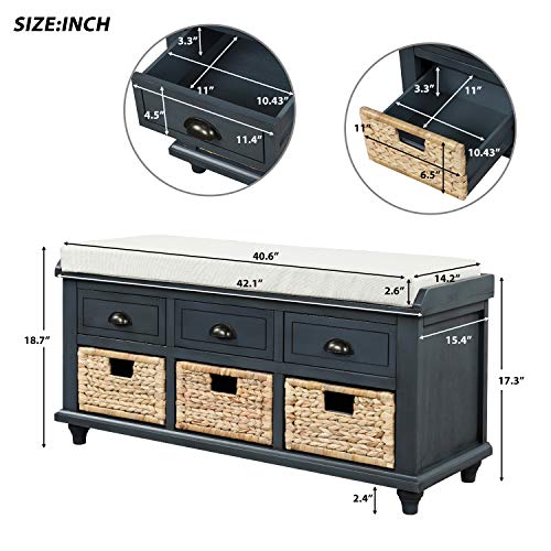 Wood Shoe Storage Benches with Cushion, Removable 2 Drawers for Entryway Livingroom Mudroom, Navy, 1 Rattan Baskets