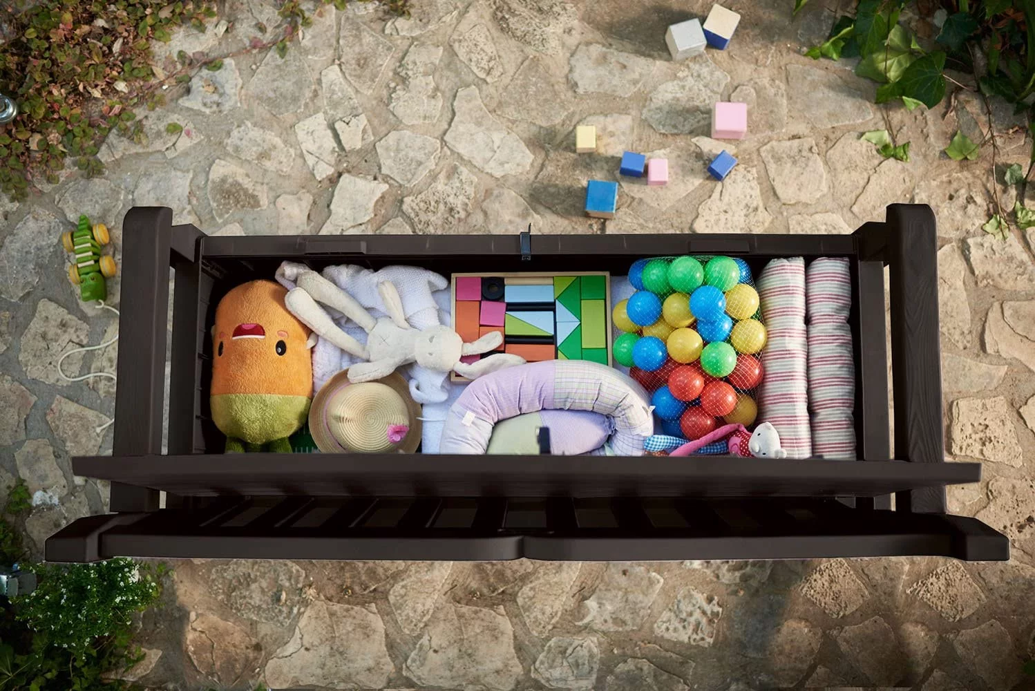 Keter Eden 70 Gallon Storage Bench Deck Box for Patio Furniture, Front Porch Decor and Outdoor Seating – Perfect to Store Garden Tools and Pool Toys