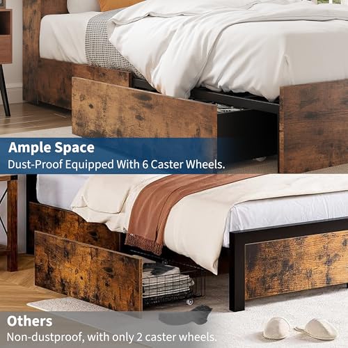GarveeHome Full Size Bed Frame with High Storage Bookcase Headboard, Wood Bed Frame with 4 Storage Drawers, Built in Charging Station