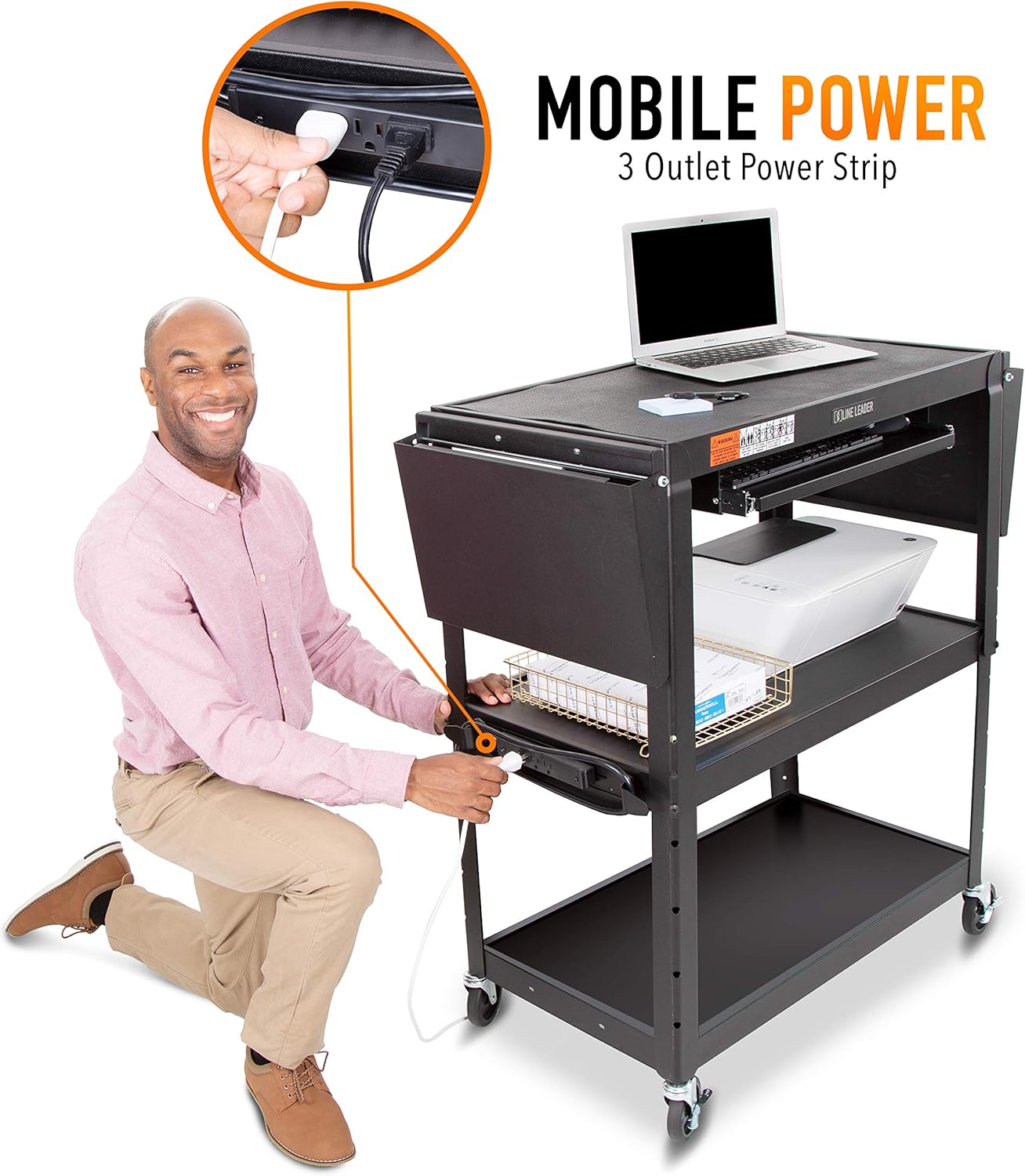 Line Leader AV Cart with Drop Leaf Shelves and Pullout Laptop Tray | Height Adjustable Utility Cart | Includes Power Strip and Cord Management |