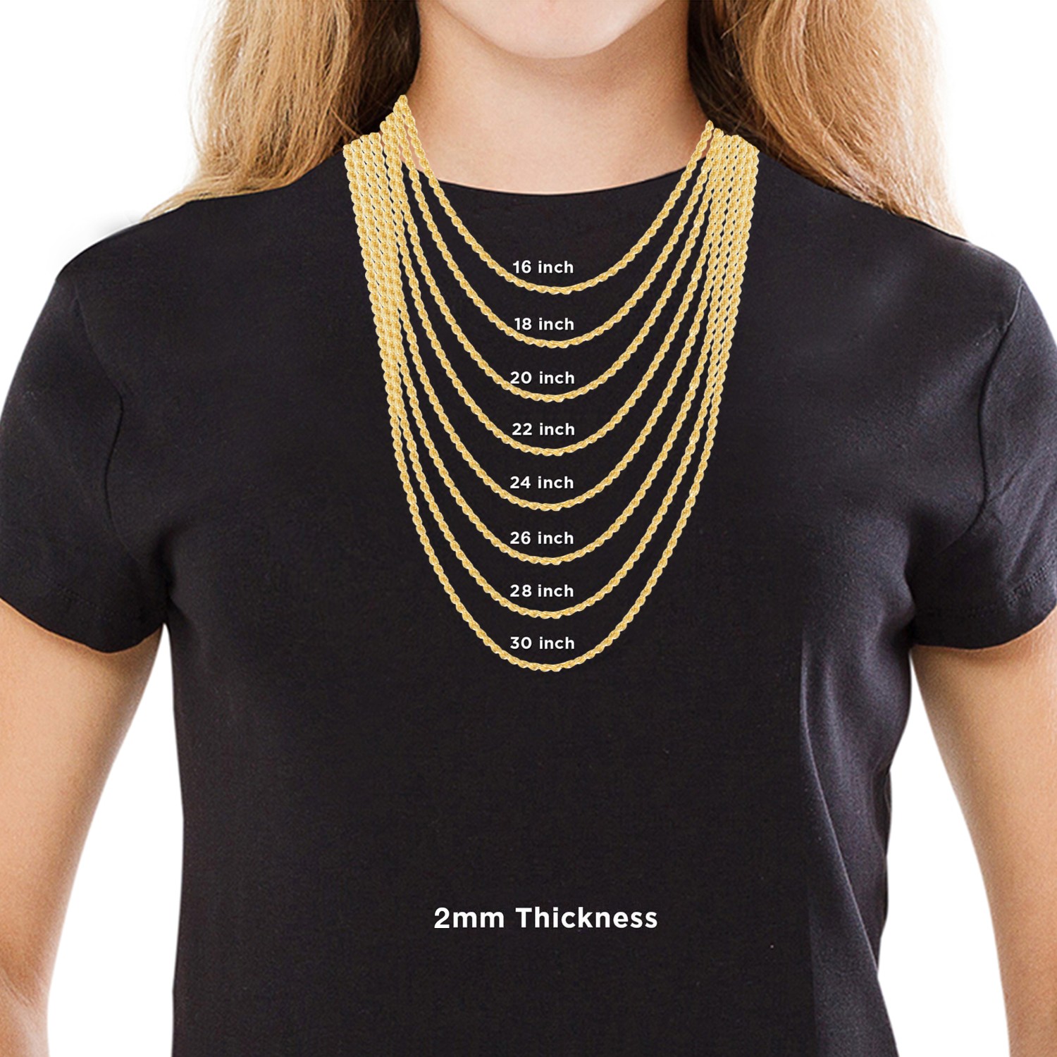 Sterling Silver and Gold Plated Rope Chain Necklaces and Bracelets - 2.00MM Thick - 18 Inches