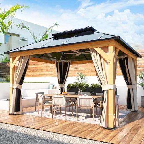 YOLENY 10'x13' Hardtop Gazebo, Outdoor Polycarbonate Double Roof Canopy, Aluminum Frame Permanent Pavilion with Curtains and Netting