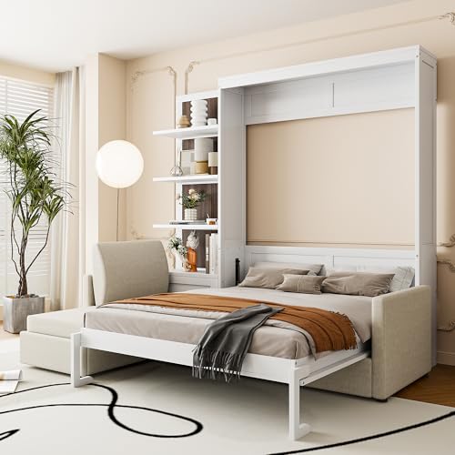 Harper & Bright Designs Queen Size Murphy Bed, Wood Queen Wall Bed with Sofa and Shelves, White
