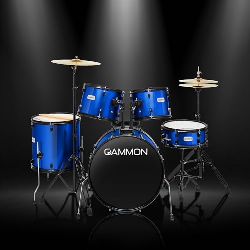 Full Size Complete Adult 5-Piece Drum Set with Cymbals, Stands, Stool, and Sticks - Blue