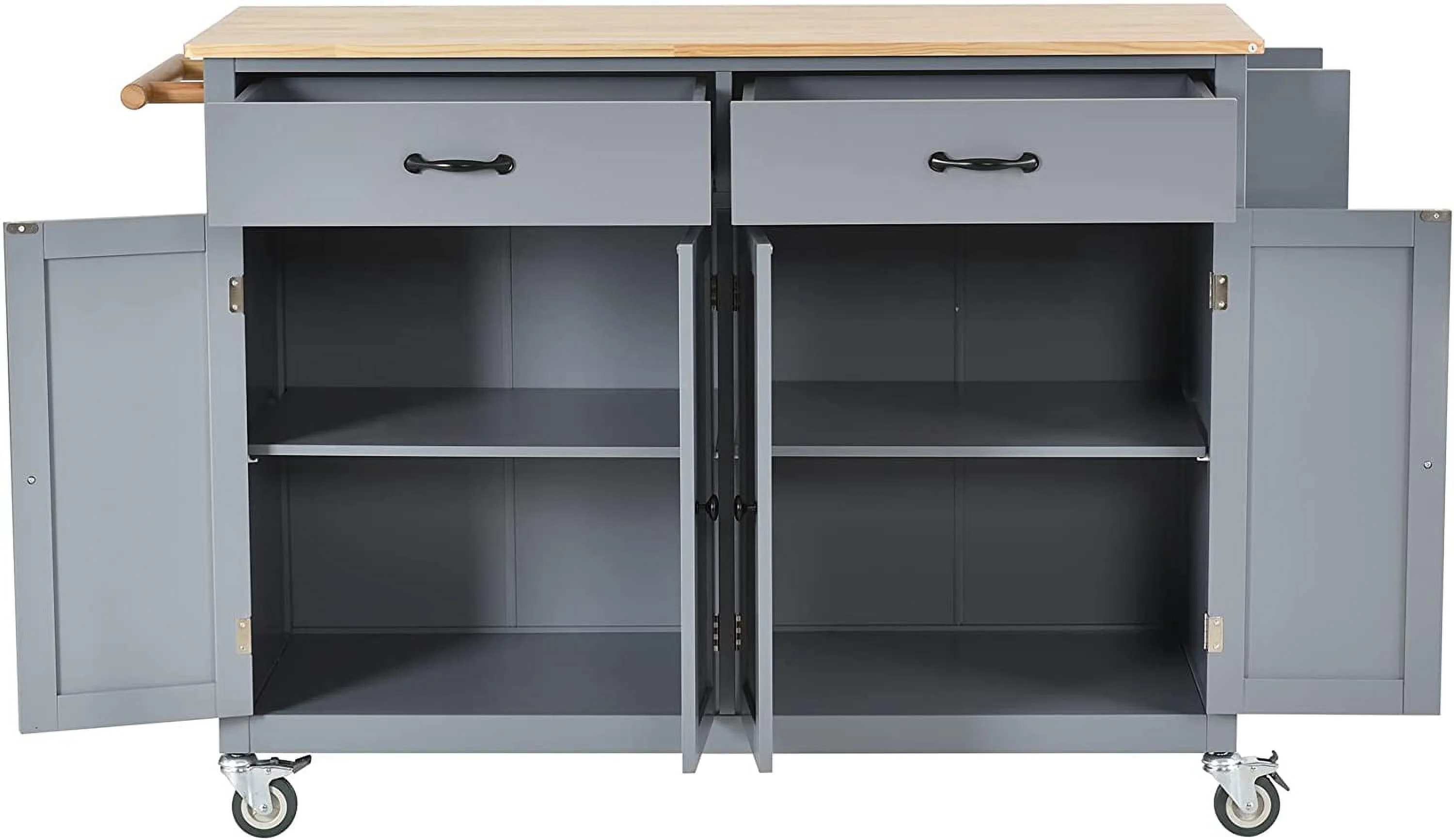 Large Kitchen Island With Solid Wood Top, Storage Cabinets And Drawers, Mobile Kitchen Island Cart With Spice Rack And Towel Rack