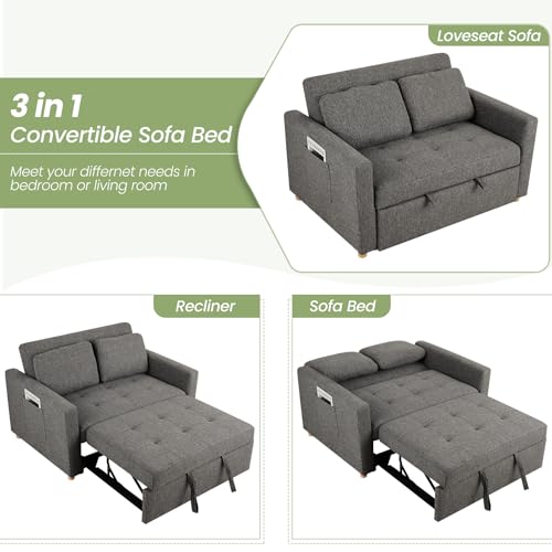 SEJOV 3-in-1 Convertible Sofa Bed, Linen Fabric Sleeper Couch Pull Out Bed, 49" 2-Seater Loveseat Futon Sofa with Spring Support