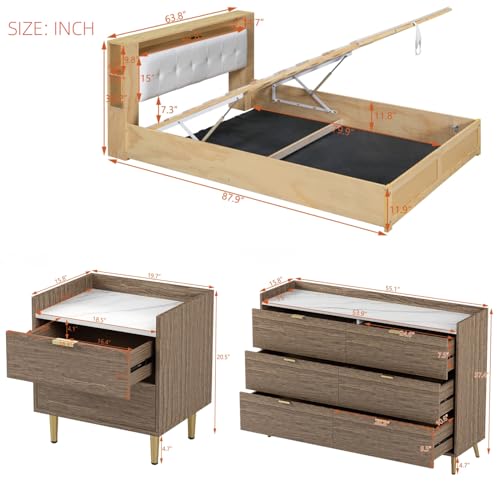 Merax 3 Pieces Bedroom Sets, Queen Size Upholstered Platform Bed with Storage Nightstand and 6 Drawers Dresser Cabinet, Motion Activated Night Lights