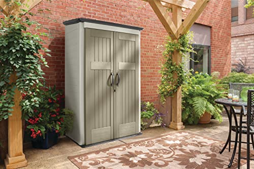 Rubbermaid Vertical Resin Outdoor Storage Shed With Floor (4 x 2.5 Ft) Weather Resistant Beige/Brown Organization for Home/Backyard/Pool