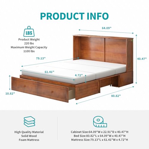 BALUS Queen Murphy Bed Cabinet, Murphy Beds with USB Charging Station, Foldable Mattress
