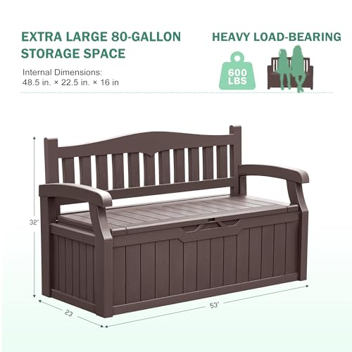 Greesum 80 Gallon Outdoor Storage Bench, Resin Patio Furniture with Armrest,Waterproof and UV-Resistant, Perfect to Garden, Poolside and Lawn