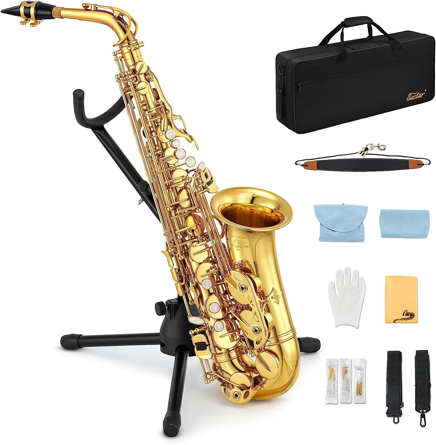 Eastar Alto Saxophone with Stand E Flat Gold Lacquer Student Beginner Sax Full Kit School Band Orchestra Instruments AS-II - Radiant Selections