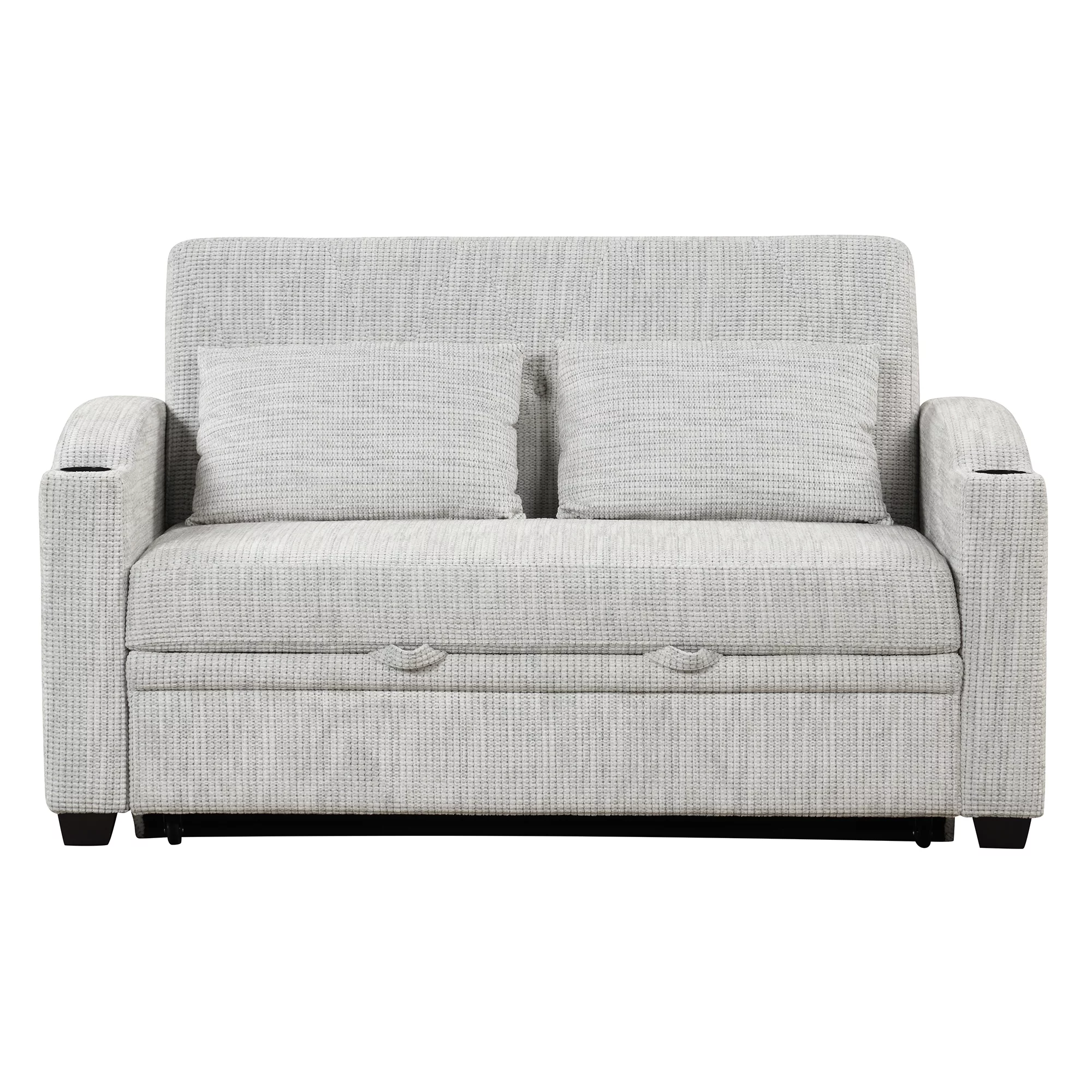 65" Pull Out Sofa Bed Modern Chenille Convertible Loveseat Sofa with Adjsutable Backrest, 2 Pillows, Cup Holders, USB Ports for Living Room
