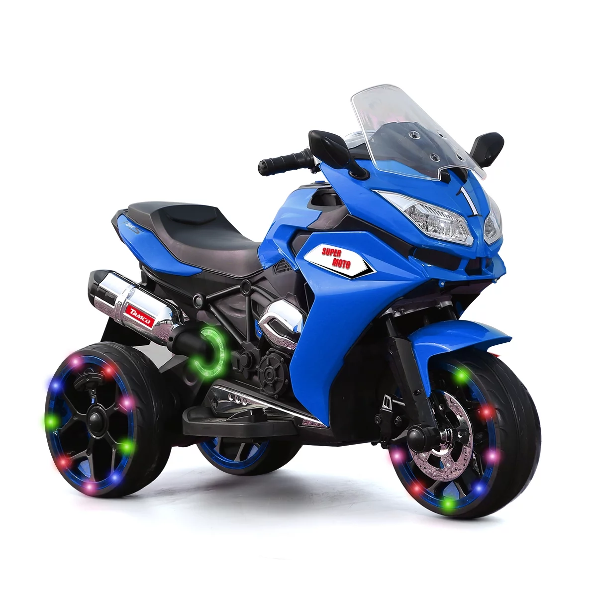 LightingGo 12V Kids Electric Motorcycle, 3 Wheels Ride on Motorcycle Toys, Children Battery Motor Bikes Rechargeable with MP3, Music,Blue