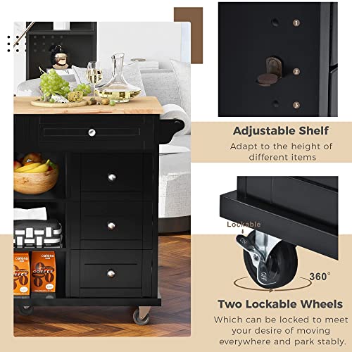 53.5''Farmhouse Kitchen Island with Power Outlet, Kitchen Storage Island with Drop Leaf, Spice Rack and Drawer, Rolling Kitchen Cart on Wheels