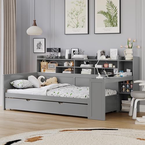 Corner Twin Bed Frame with Bookcase Storage and Desk, Wood Day Beds with 2 Drawers, Twin Size Daybed with Storage for Living Room
