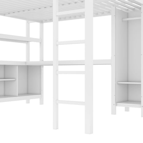 Metal Loft Bed with Wardrobe and L-Shaped Desk, Full Size Loft Bed with Storage Cubes and Shelves, Heavy Duty Loft Bed for Kids Teens, White