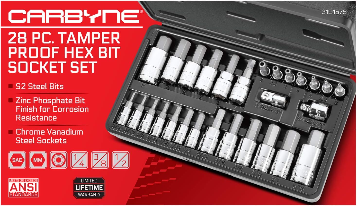 CARBYNE Tamper-Proof Hex Bit Socket Set - 28 Piece, SAE & Metric, S2 Steel | 1/4", 3/8" & 1/2" Drive