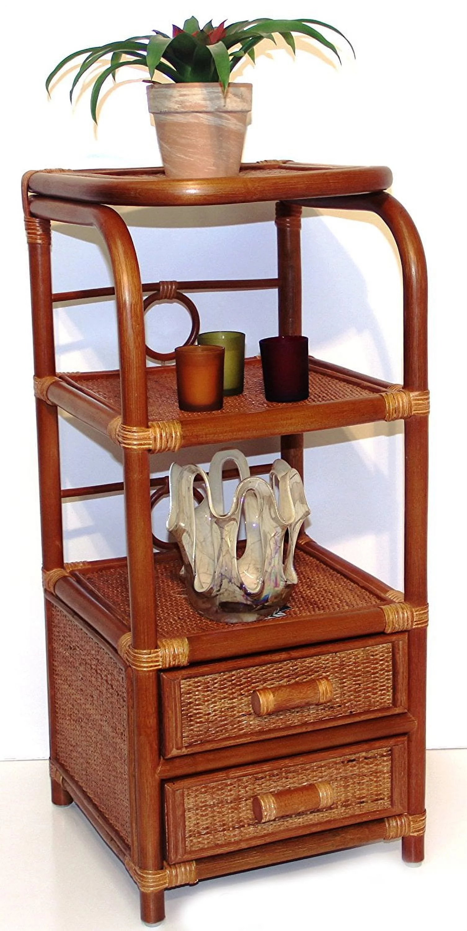 Phone Table Bookcase Designer ECO Handmade Rattan Wicker w/ 2 Drawers, Colonial