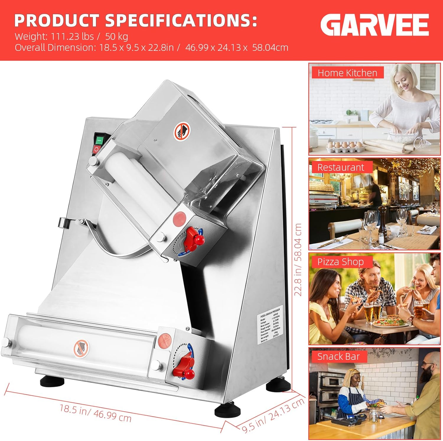Pizza Dough Roller Sheeter, Max 12" Automatic Commercial Dough Roller Sheeter, 370W Electric Pizza Dough Roller Stainless Steel