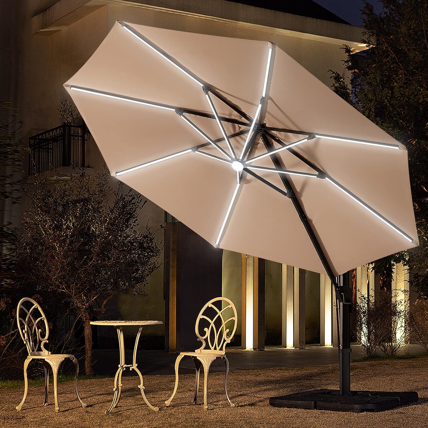 BLUU 10 FT Solar Cantilever Umbrella LED Patio Outdoor Umbrella Aluminum Offset Umbrella with 14 Strip Lights and Center light