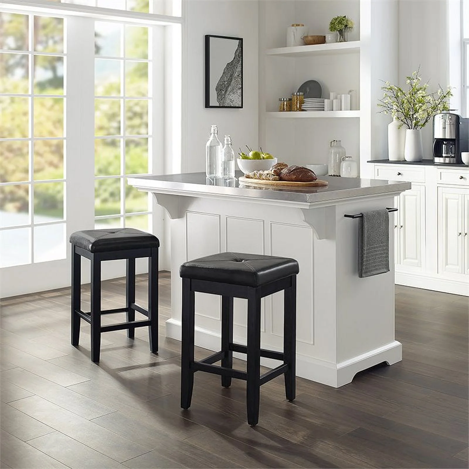 Pemberly Row Stainless Steel Top Kitchen Island with Square Stools in White