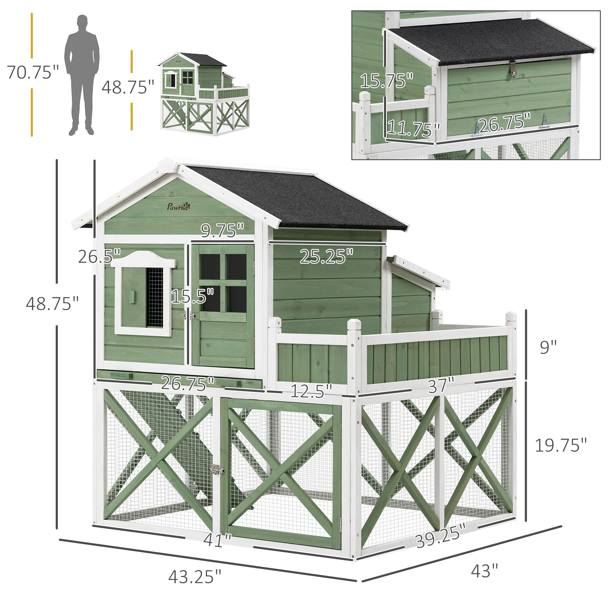 【Pet】44" Chicken Coop, Rabbit Hutch with Nesting Box, Removable Tray, Asphalt Roof, Planting & Lattice