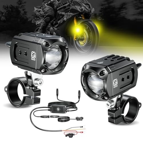 Kewig Motorcycle Auxiliary LED Light Kit Driving Spotlights White/Amber Fog Light with Mount Brackets Wire Harness Waterproof 60W Offroad Work Lights