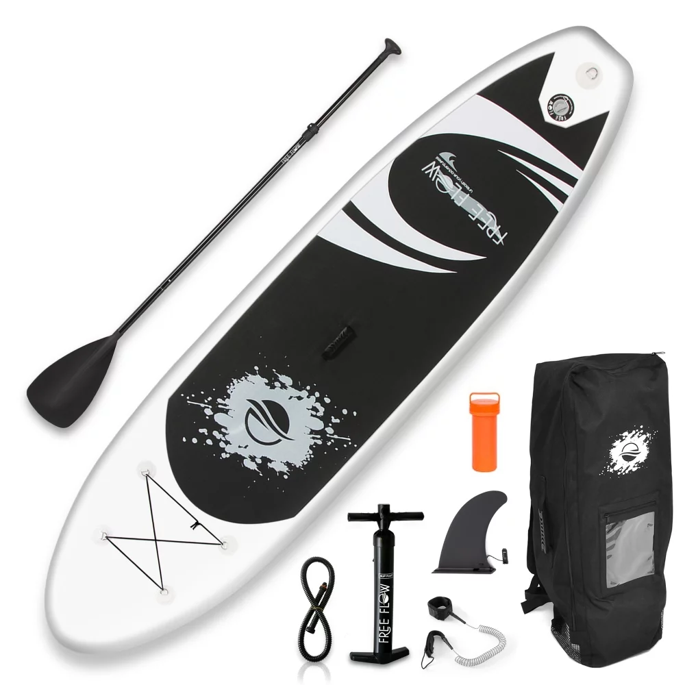 SereneLife 11 Foot Free Flow Inflatable SUP Stand Up Paddle Board Kit, White