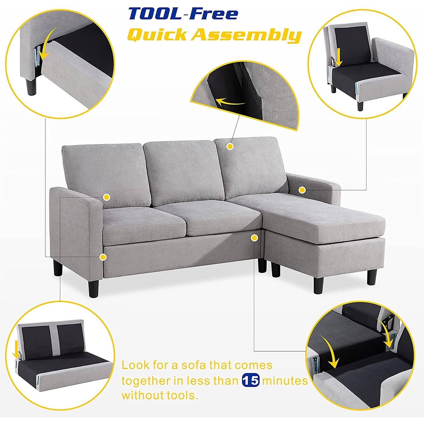 Futzca Convertible Sectional Sofa Couch with Reversible Chaise, Modern Linen Fabric L-Shaped Couch for Small Space - Ash