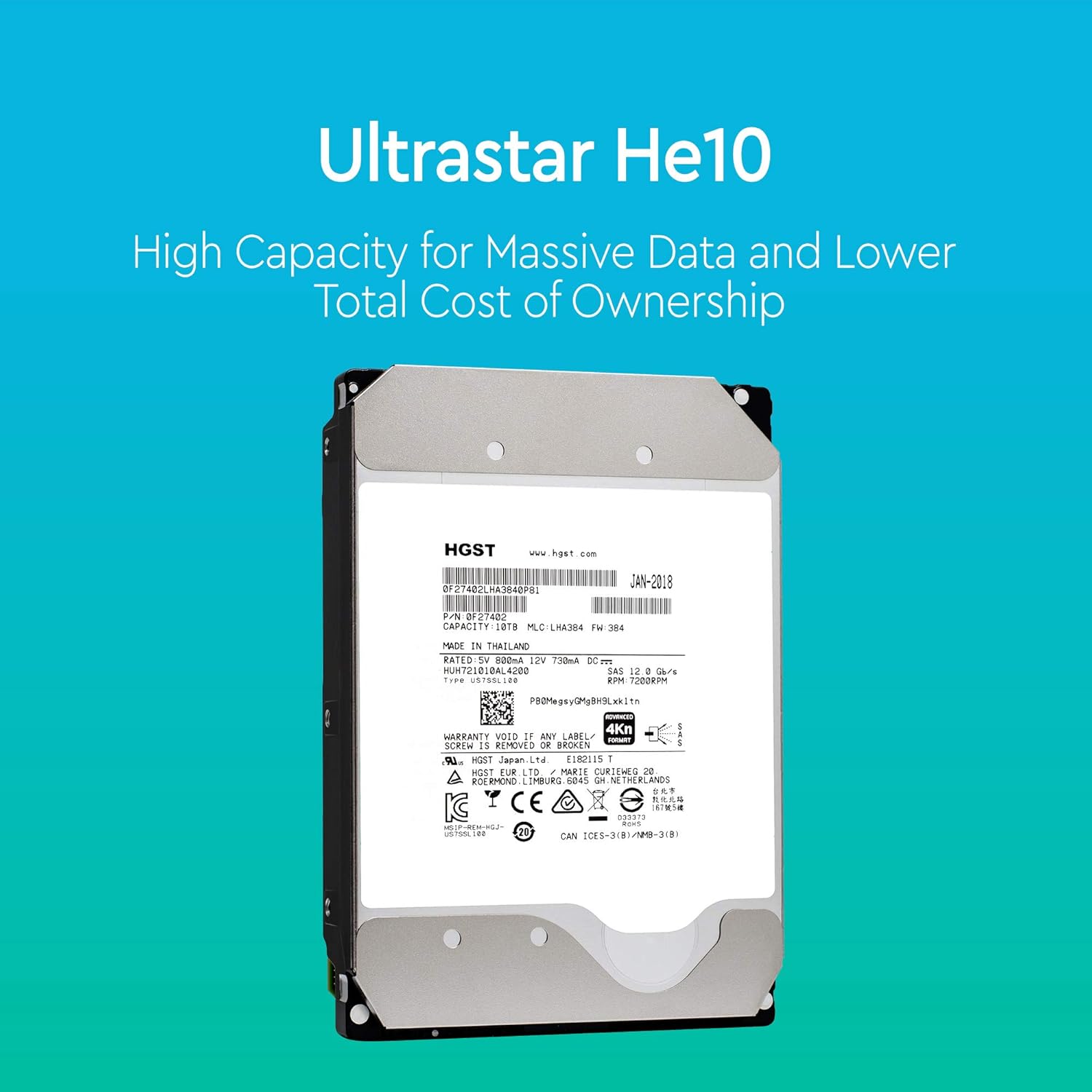 HGST Ultrastar He10 10TB 7200 RPM 4Kn SAS 12Gb/s 256MB Cache 3.5-Inch ISE Enterprise Hard Drive - HUH721010AL4200 (0F27402)