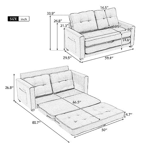 59.4" Loveseat Sofa with Pull-Out Bed, Mid Century Modern Loveseat Sofas with Armrest, Modern Couch for Small Spaces in Bedroom, Apartment, Office