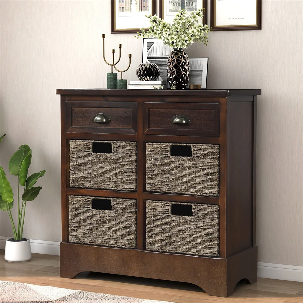 Rustic Storage Cabinet with 2 Drawers and 4 Wicker Baskets, Wood Console Table/Entryway Cabinet/Side Table for Living Room, Dining Room