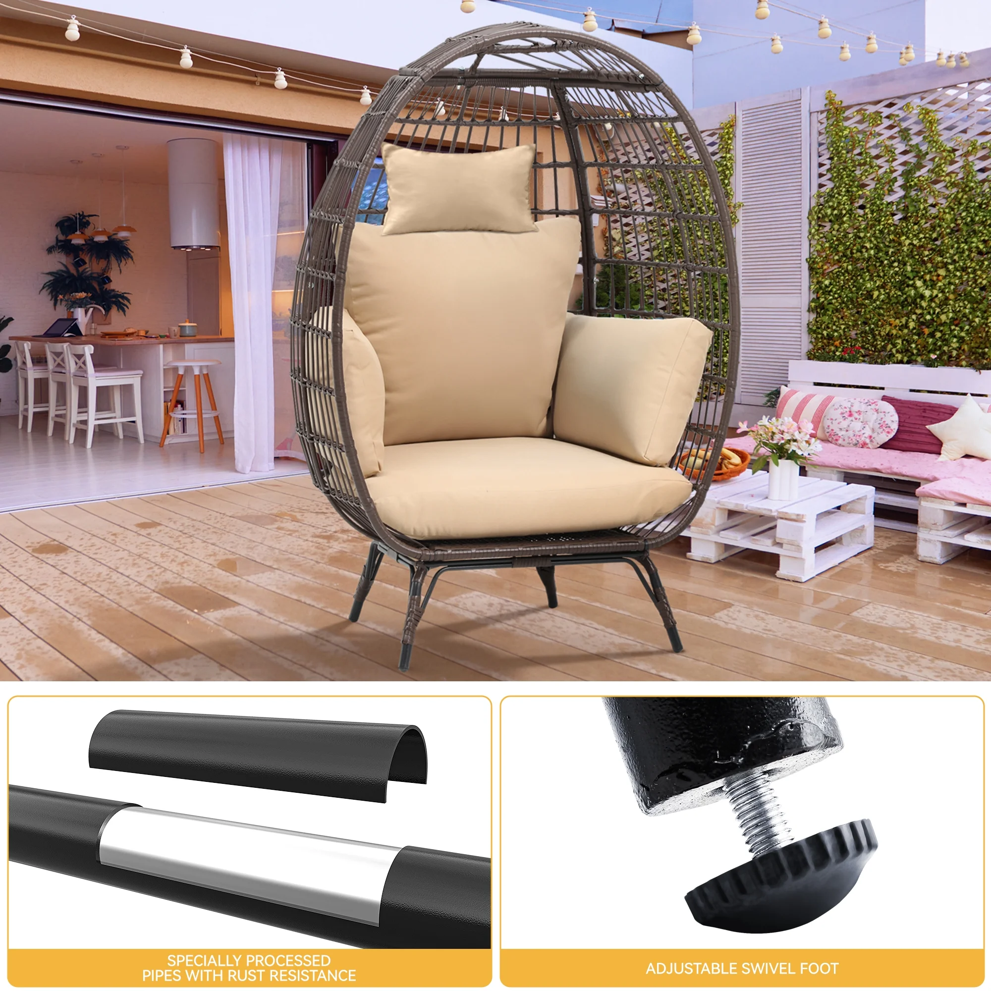 Dextrus Egg Chair Outdoor Egg Lounge Chair with Cushion Wicker Chair PE Rattan Chair for Patio, Garden, Backyard, Porch-Beige