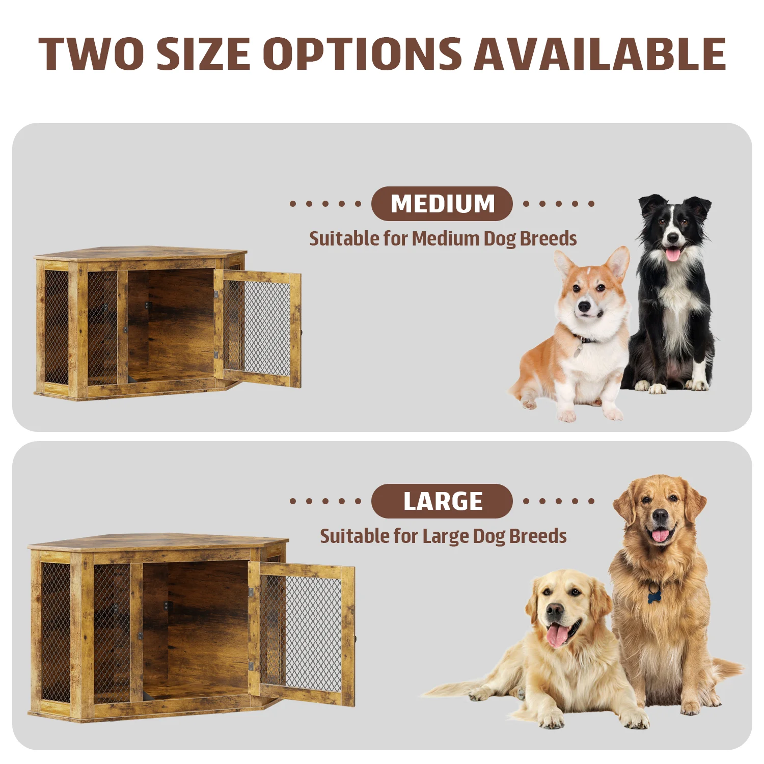 Bossin 44"Corner Dog Crate Furniture，Wooden Dog Kennel Indoor Furniture，Decorative Dog Crate
