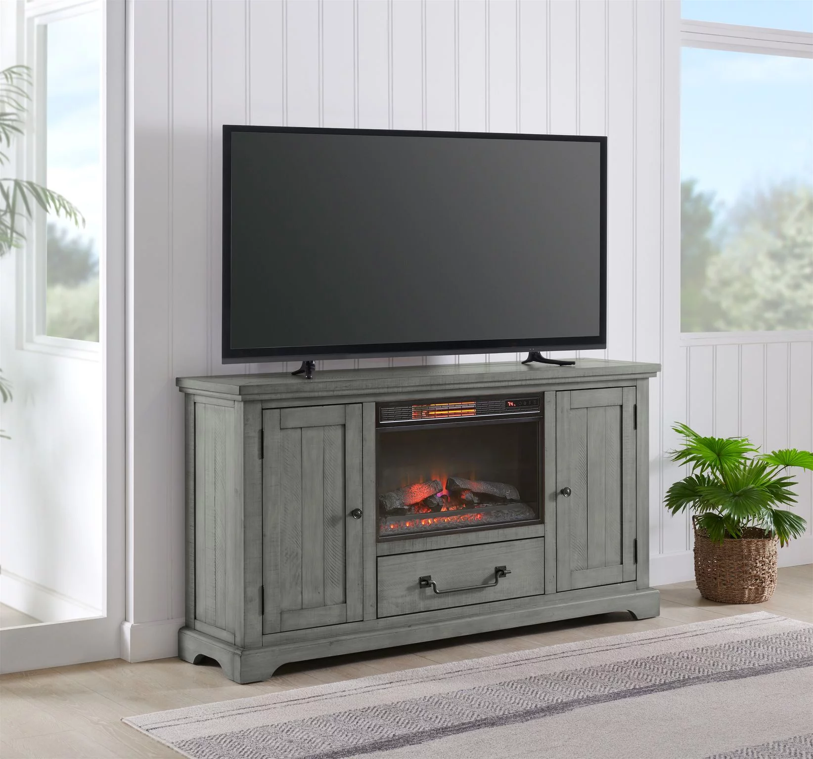 Martin Svensson Home Beach House Solid Wood TV Stand with Fireplace for TVs up to 70", Dove Grey
